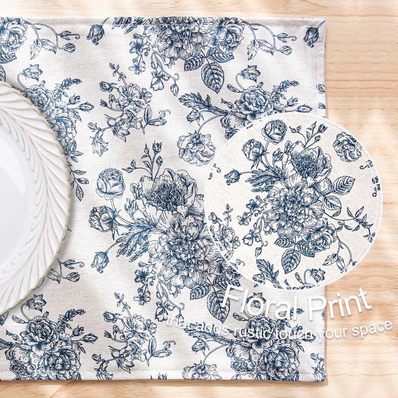 LOVOUS Blue Floral Fabric Placemats Set of 6, Linen Washable Table Placemats for Kitchen, Vintage Rectangular Place Mats for Dinning Wedding Holiday, 13 x 19 Inch - Image 4