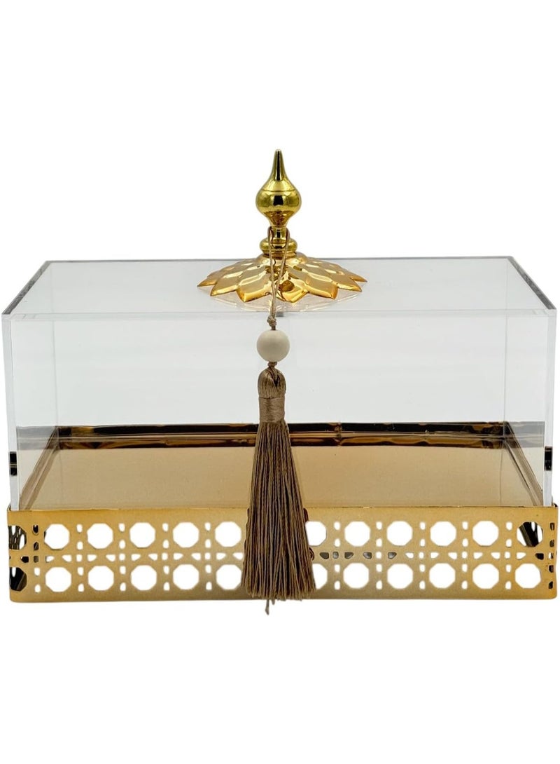 بي آند دي علبة تخزين ديكورية مربعة من الأكريليك من B&D بلمسات ذهبية، شفافة وذهبية، حجم صغير، مع تفاصيل شرابة - Image 3