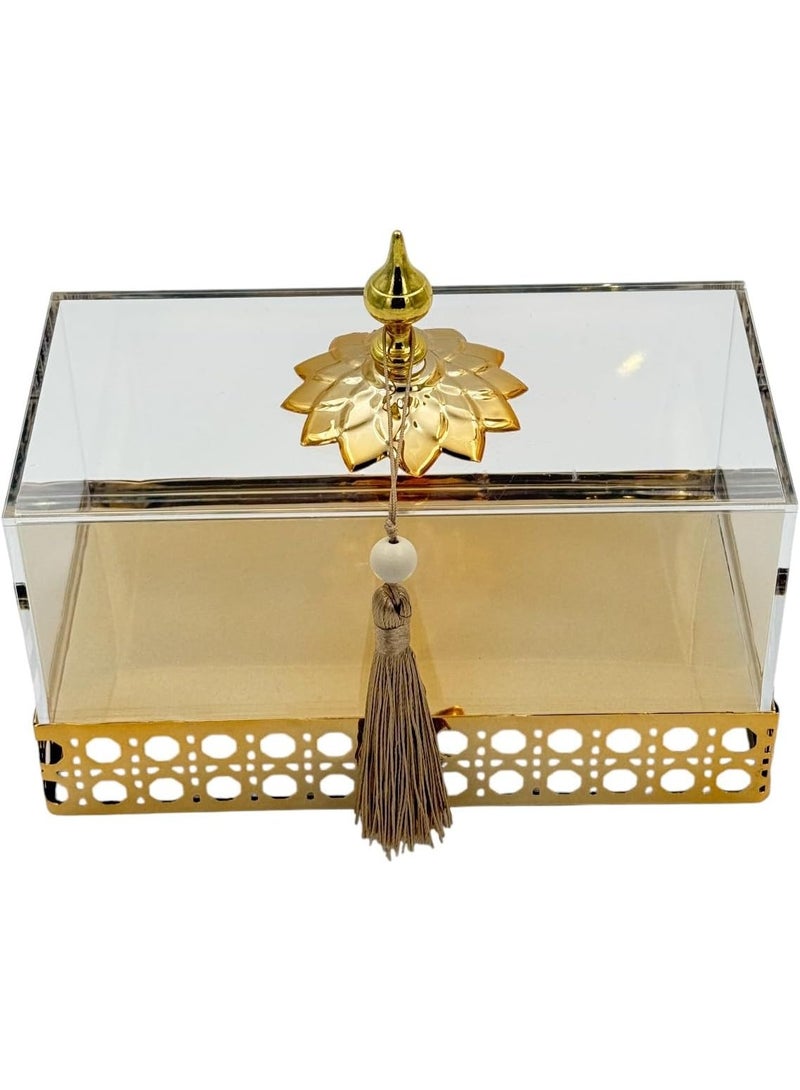 بي آند دي علبة تخزين ديكورية مربعة من الأكريليك من B&D بلمسات ذهبية، شفافة وذهبية، حجم صغير، مع تفاصيل شرابة - Image 4