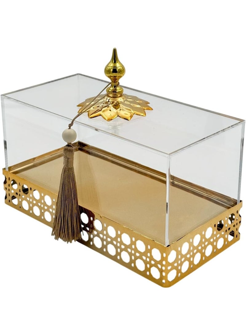 بي آند دي علبة تخزين ديكورية مربعة من الأكريليك من B&D بلمسات ذهبية، شفافة وذهبية، حجم صغير، مع تفاصيل شرابة - Image 2