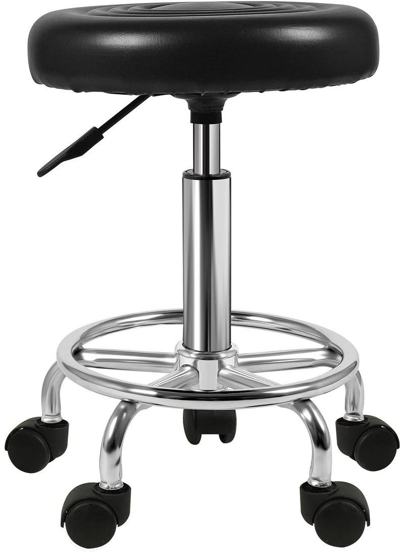 Adjustable Round Rolling Stool with Footrest – PU Leather Swivel Chair 360° Rotation for Office, Salon, Spa, and Home Use - Image 1