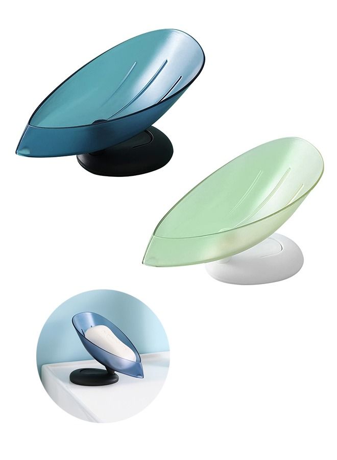 2 Pcs 360° Rotatable Bird Sponge Soap Dish Holder, Leaf Shape Self Draining PP Material Frosted Soap Bar Tray with Suction Cup, Shower Kitchen Sink Soap Holder (Green+Blue)  - Image 1