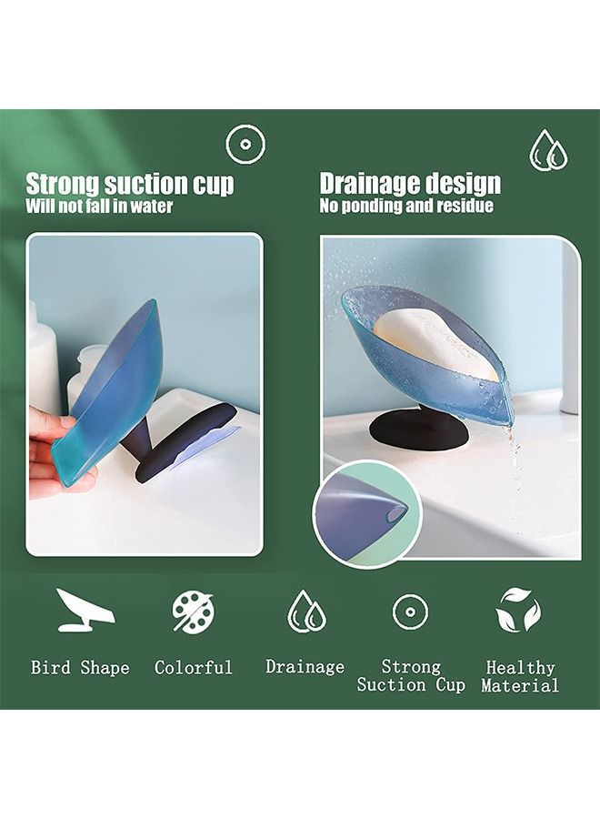 2 Pcs 360° Rotatable Bird Sponge Soap Dish Holder, Leaf Shape Self Draining PP Material Frosted Soap Bar Tray with Suction Cup, Shower Kitchen Sink Soap Holder (Green+Blue)  - Image 3