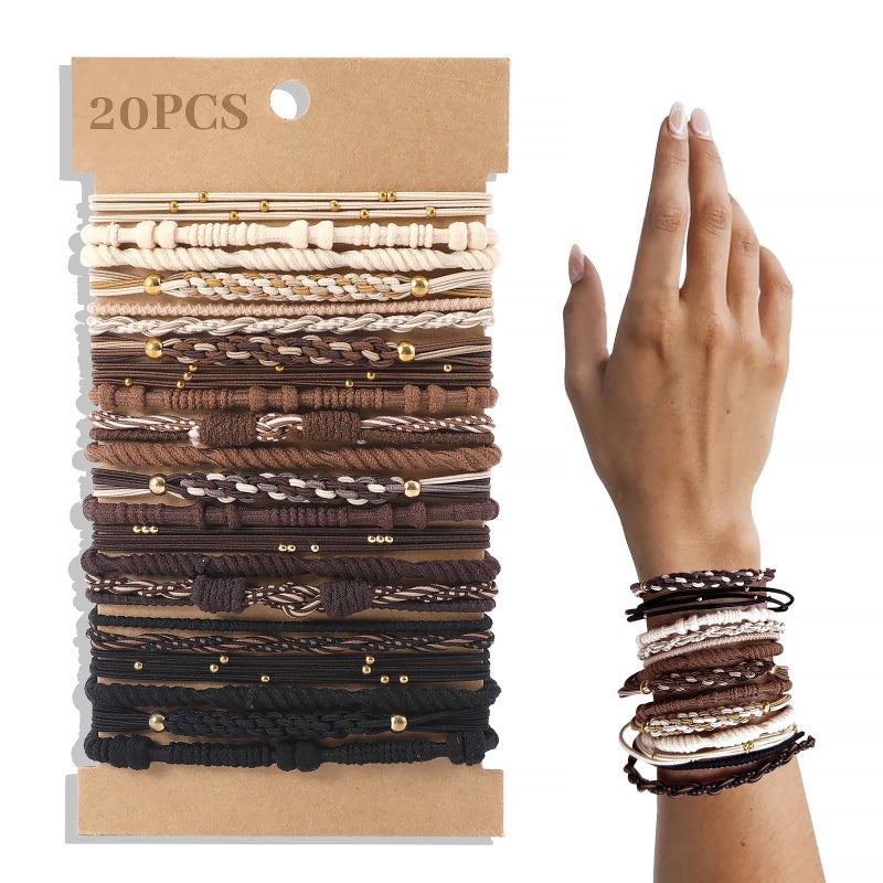 20 PCS Boho Hair Ties Bracelets Hair Ties for Thick or Thin Hair 5 Styles Boho Ties for Ponytail Holders 236 Hair Ties NoDamage Neutral Color