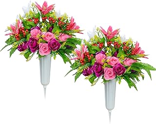 XONOR Artificial Cemetery Flowers with Vase, Set of 2 Artificial Rose Lily Bouquet Graveyard Memorial Flowers for - Image 1
