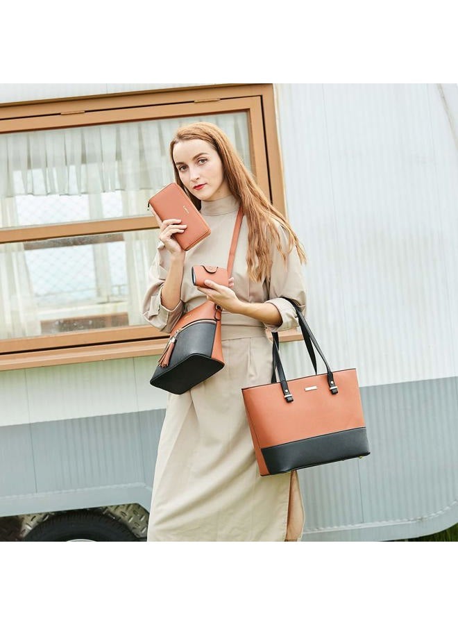 YTL Women Fashion Handbags Wallet Tote Bag Shoulder Bag Top Handle Satchel Purse Set 4pcs, Brown-black, Large - Image 3