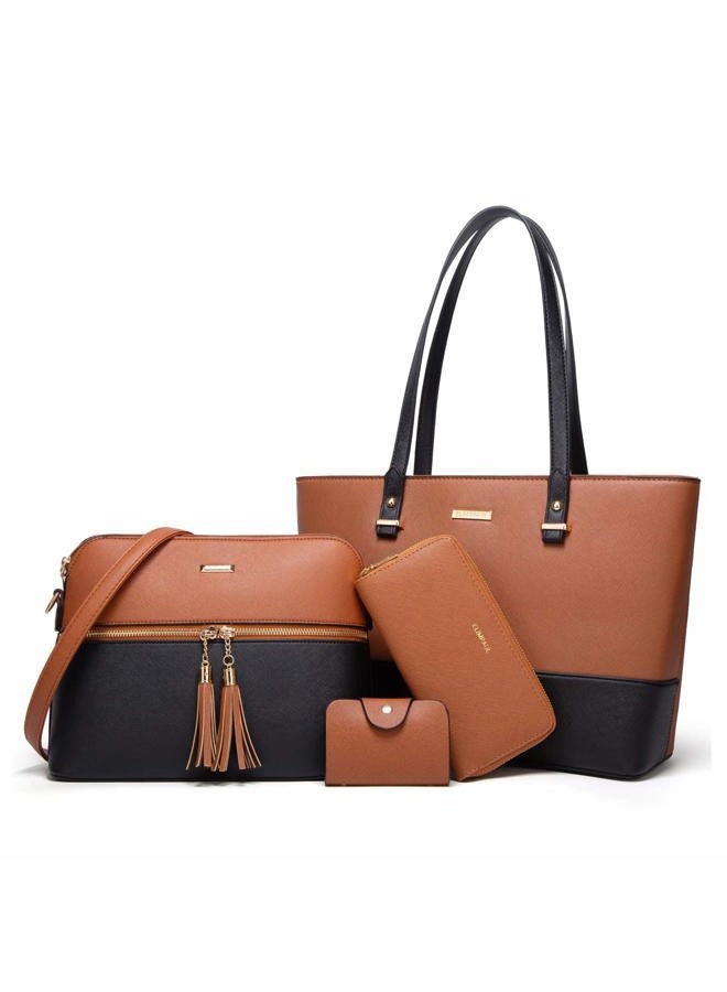 YTL Women Fashion Handbags Wallet Tote Bag Shoulder Bag Top Handle Satchel Purse Set 4pcs, Brown-black, Large - Image 1
