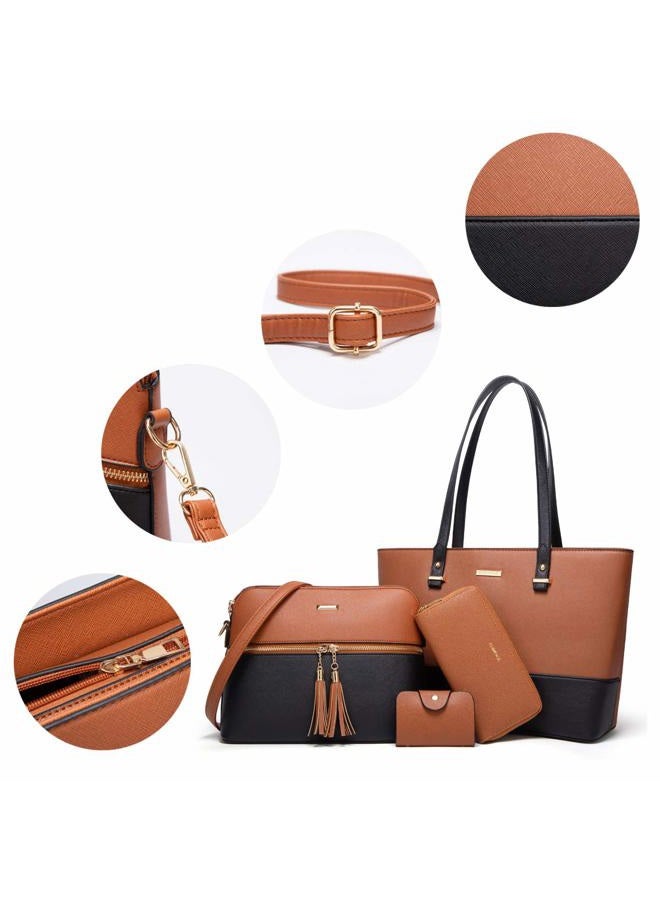YTL Women Fashion Handbags Wallet Tote Bag Shoulder Bag Top Handle Satchel Purse Set 4pcs, Brown-black, Large - Image 5