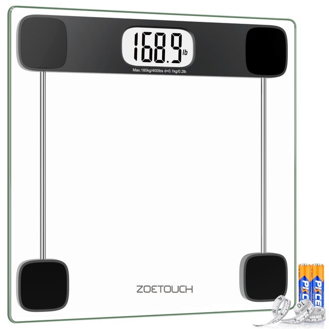 SCALE FOR BODY WEIGHT DIGITAL BATHROOM SCALE ACCURATE WEIGHING MACHINE FOR PEOPLE HIGH PRECISION BATH SCALE STEP ON TEMPERED GLASS LCD DISPLAY BATTERIES AND TAPE MEASURE INCLUDED 400LBS