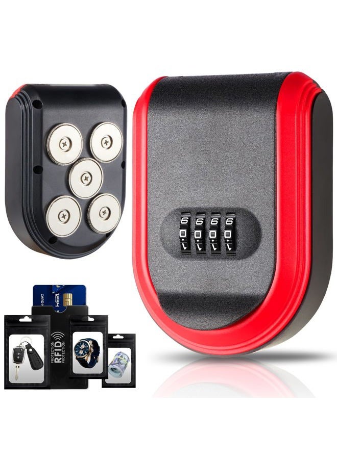 Domthent Magnetic Key Box for Under Car, Lockbox for Keys with Combination Lock, Signal Shield Bag and 5 Strong Magnets, Hide a Key Outside for Vehicle, Home or Office Use (1, RED) - Image 1