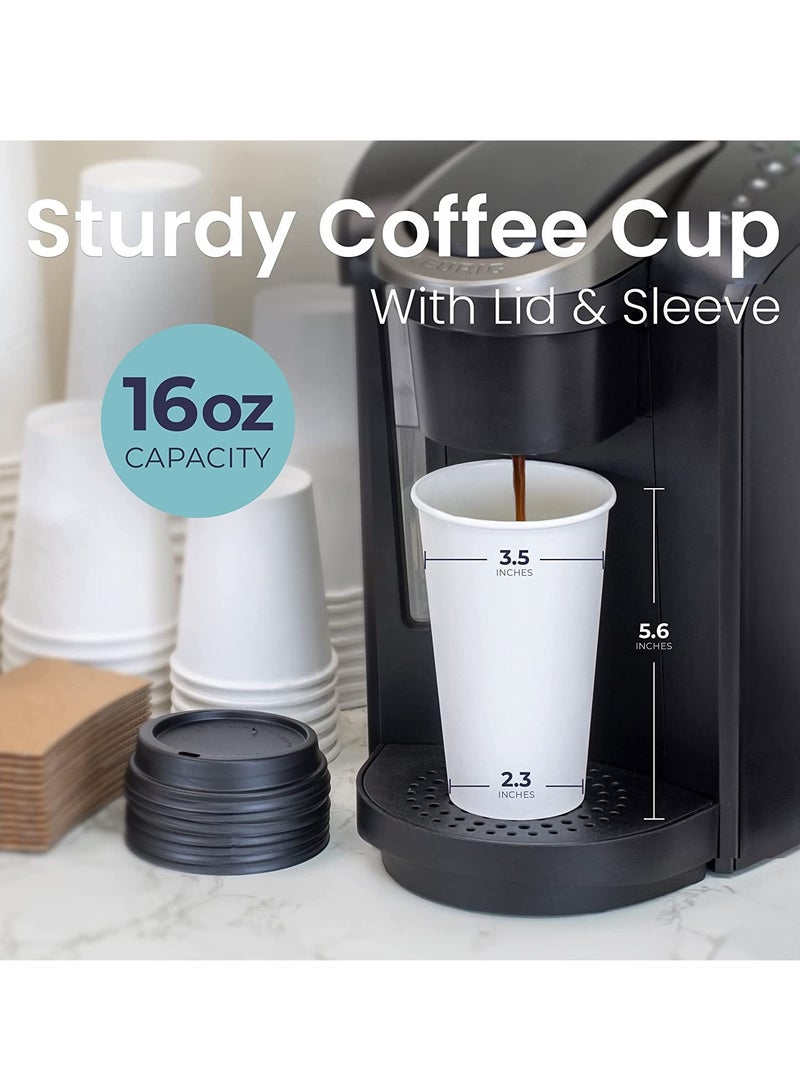 16 oz Hot Beverage Disposable White Paper Coffee Cup with Black Dome Lid and Kraft Sleeve Combo, Medium Grande 50 Pack - Image 2