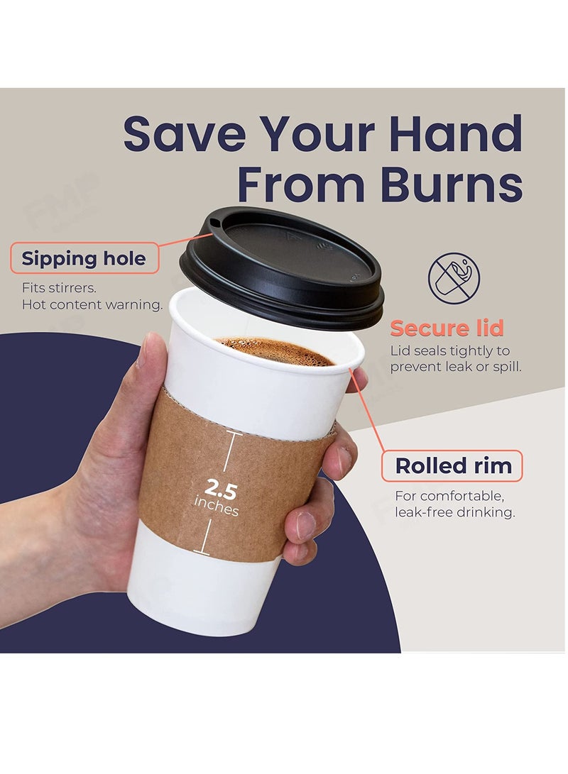 16 oz Hot Beverage Disposable White Paper Coffee Cup with Black Dome Lid and Kraft Sleeve Combo, Medium Grande 50 Pack - Image 3