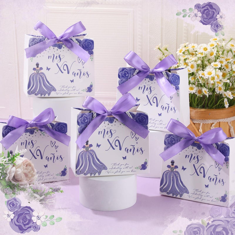 Skyygemm 25 Sets Quinceanera Gift Bag with Handles Quinceanera Party Favors for Guests Small Candy Bag with Bow Ribbon Mis Quince Decoration Sweet 15 Birthday Party Favor (Purple) - Image 3