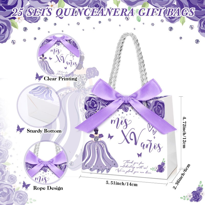 Skyygemm 25 Sets Quinceanera Gift Bag with Handles Quinceanera Party Favors for Guests Small Candy Bag with Bow Ribbon Mis Quince Decoration Sweet 15 Birthday Party Favor (Purple) - Image 2