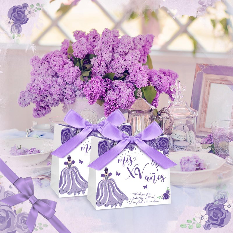 Skyygemm 25 Sets Quinceanera Gift Bag with Handles Quinceanera Party Favors for Guests Small Candy Bag with Bow Ribbon Mis Quince Decoration Sweet 15 Birthday Party Favor (Purple) - Image 5