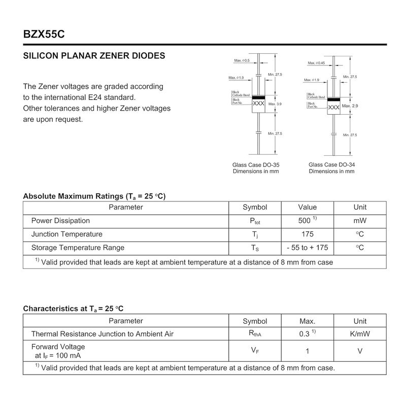 HUABAN 20PCS 1/2W BZX55C4V7 Silicon Planar Power Zener Diodes DO-35 Axial Diode 0.5W 4.7V - Image 2