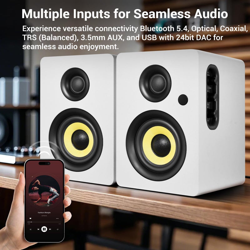 Sanyun سماعات سانيون SW206 4 بوصة HiFi للكتب مع وضع الاستوديو، 80 واط نشطة، بلوتوث 5.4/بصري/كوكسيل/TRS/أكس/24 بت DAC USB، لجهاز الفونوغراف، التلفاز، الكمبيوتر المكتبي، خزانة MDF، تحكم عن بعد، أبيض - Image 3