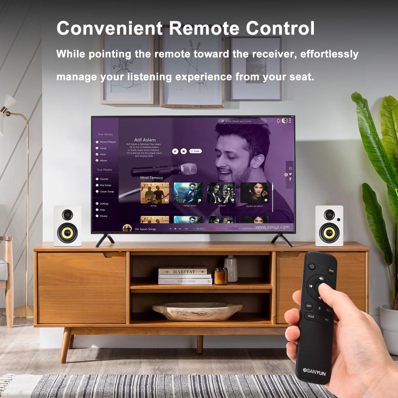 Sanyun سماعات سانيون SW206 4 بوصة HiFi للكتب مع وضع الاستوديو، 80 واط نشطة، بلوتوث 5.4/بصري/كوكسيل/TRS/أكس/24 بت DAC USB، لجهاز الفونوغراف، التلفاز، الكمبيوتر المكتبي، خزانة MDF، تحكم عن بعد، أبيض - Image 4