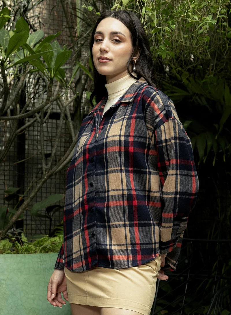 PINACOLADA  Women's Buff Beige:Scarlet Red Shadow-Tartan Plaid Oversized Shirt for Women | Best Price UAE