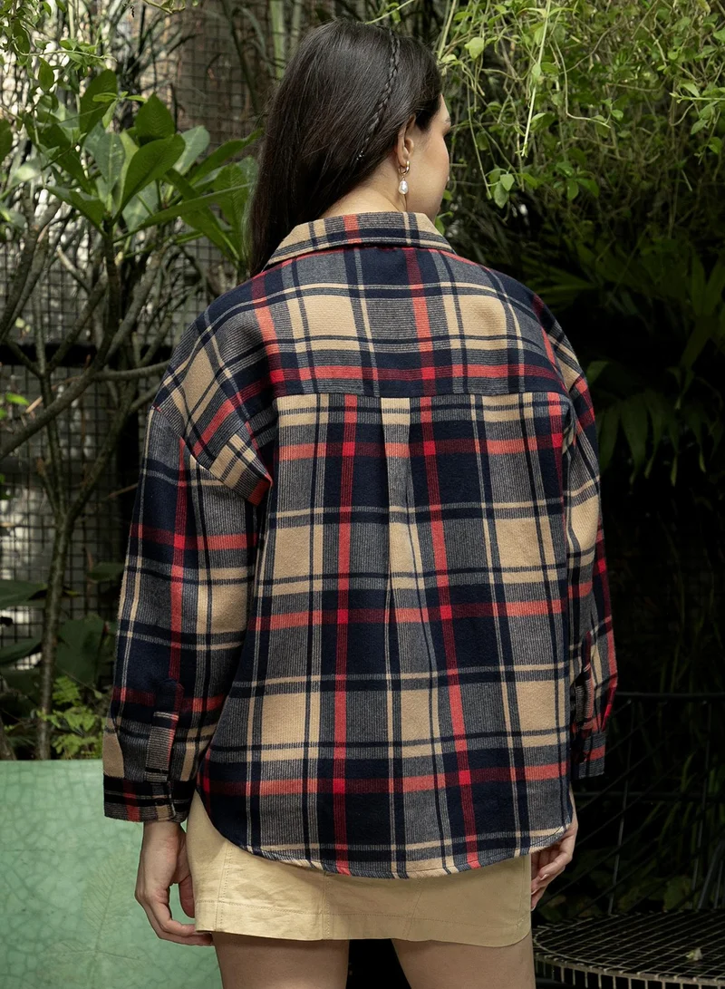PINACOLADA  Women's Buff Beige:Scarlet Red Shadow-Tartan Plaid Oversized Shirt for Women | Best Price UAE