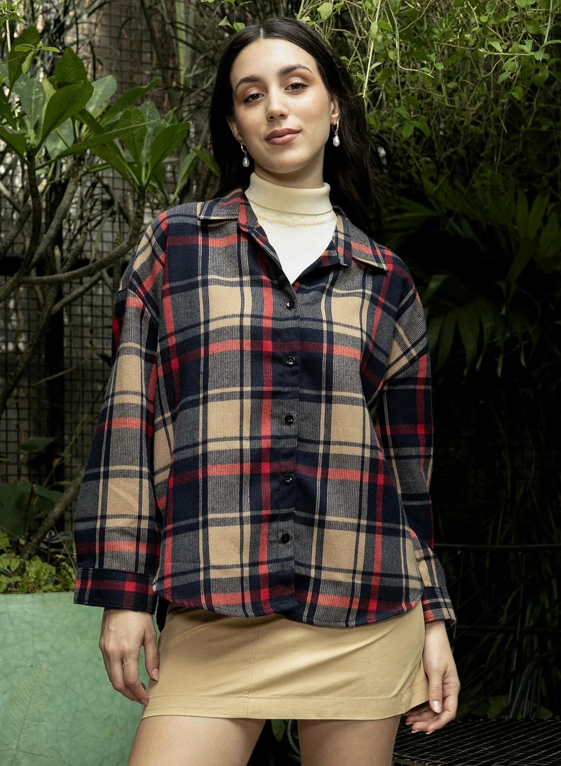 PINACOLADA  Women's Buff Beige:Scarlet Red Shadow-Tartan Plaid Oversized Shirt for Women | Best Price UAE