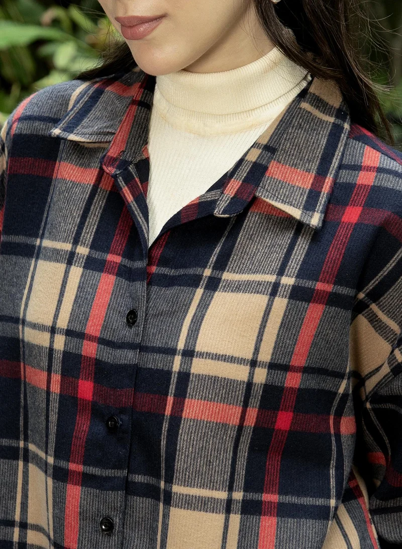 PINACOLADA  Women's Buff Beige:Scarlet Red Shadow-Tartan Plaid Oversized Shirt for Women | Best Price UAE