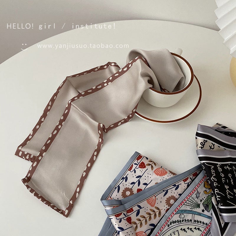 Generic South Korea Dongdaemun Long Narrow Silk Scarf Vintage French Style Ribbon Scarf Tie Bag Ribbon Heart Printing Hair Band for Women Boxer beige wave dot