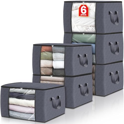 Fab totes Fab totes 6 Pack Clothes Storage Foldable Thick Fabric Blanket Storage Bags Containers for Organizing Bedroom Closet Clothing ComforterCloset Organization with HandleGrey 