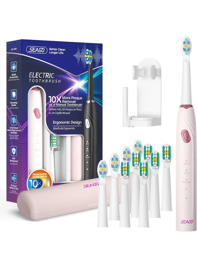 SEAGO Electric Toothbrush with 10 Brush Heads,Travel with Travel Case and Holder,Smart Timer for Adults,SG-2316(Pink) - Image 1