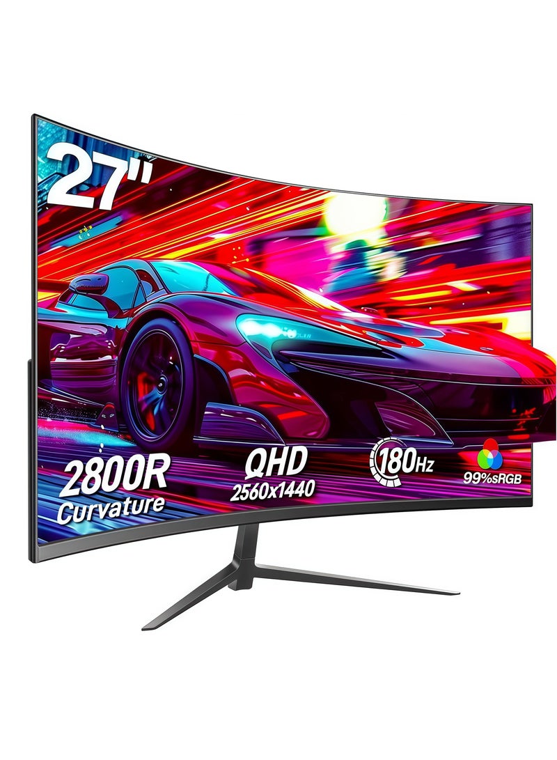فلاشهوك شاشة كمبيوتر منحنية مقاس 27 بوصة، 180 هرتز، QHD 1440p، HDR، 99% sRGB، 2800R، متوافقة مع VESA، للكمبيوتر اللوحي/الكمبيوتر المكتبي/PS4، حواف ضيقة على ثلاثة جوانب، فلتر للضوء الأزرق، 2 منفذ HDMI، 2 منفذ DP ومنفذ صوت - أسود  - Image 1