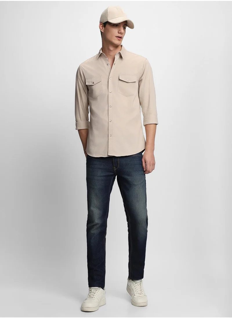 دينيس لينغو Men's Beige 100% Cotton Solid Pattern Slim FiT-Shirt