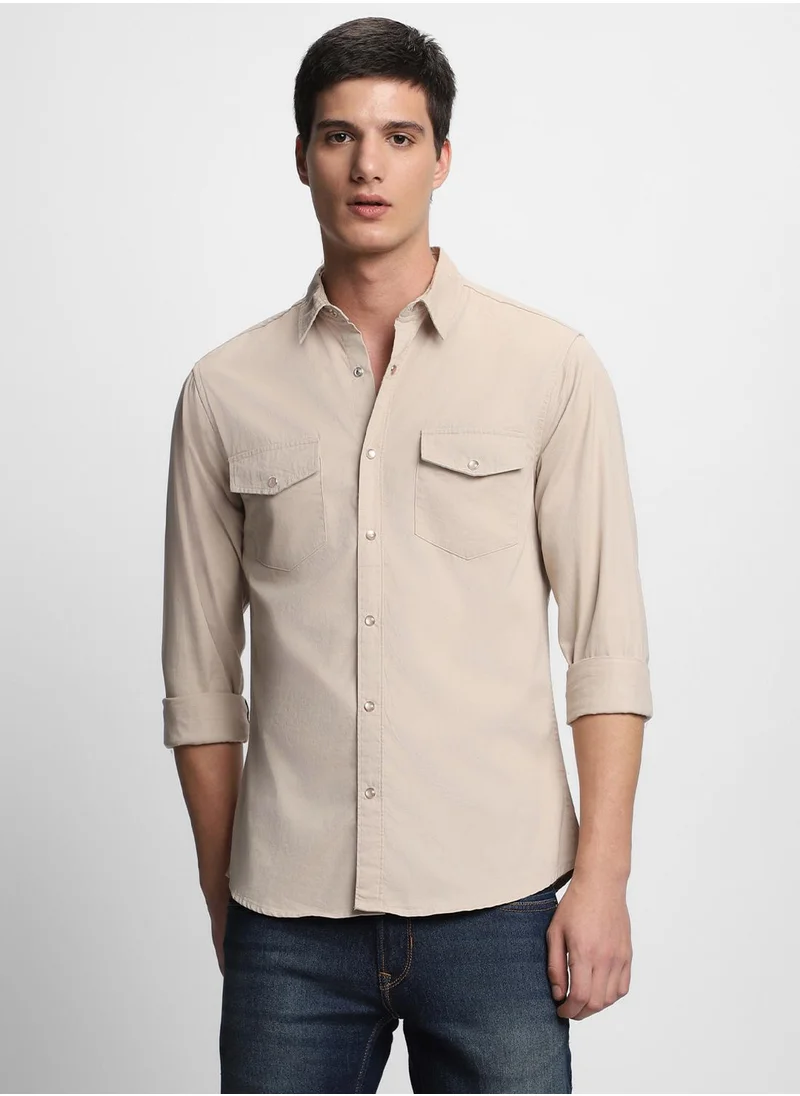 دينيس لينغو Men's Beige 100% Cotton Solid Pattern Slim FiT-Shirt