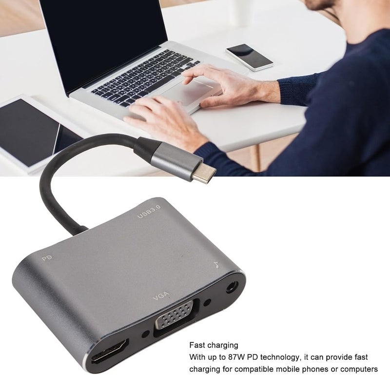 جوشيدا محول من نوع C إلى VGA 4K HDMI، محول متعدد الأوصال USB C بتصميم 5 في 1، يدعم تقنيات 4K HDMI وVGA وتوصيل الطاقة بقوة 87 واط، ومنفذ USB 3.0 ومنفذ صوتي بحجم 3.5 مم، مناسب لأجهزة اللابتوب والكمبيوتر التي تستخدم منفذ Type C - Image 2