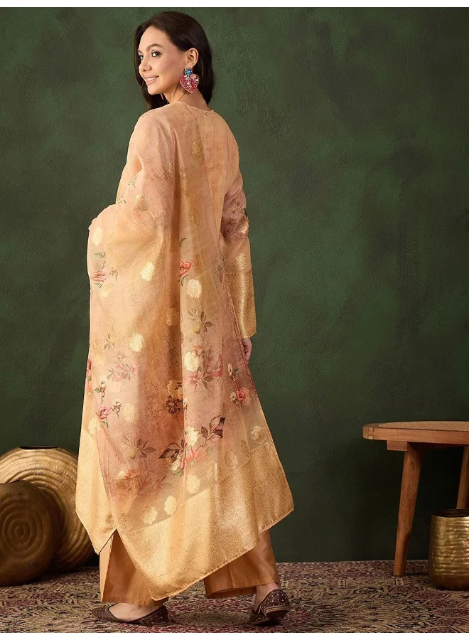 AKS Gold Jacquard Kurta Set With Digital Printed Dupatta