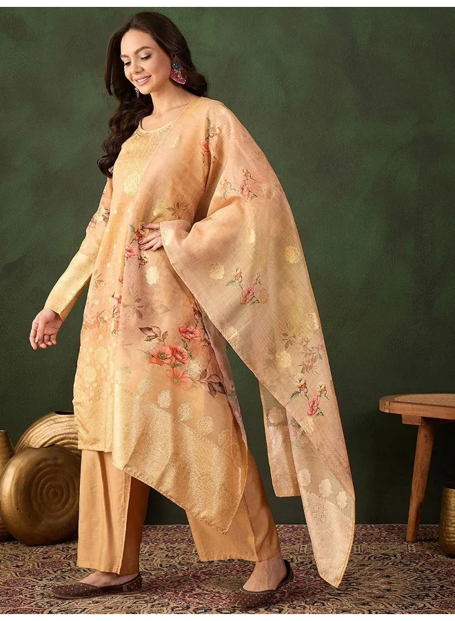 AKS Gold Jacquard Kurta Set With Digital Printed Dupatta