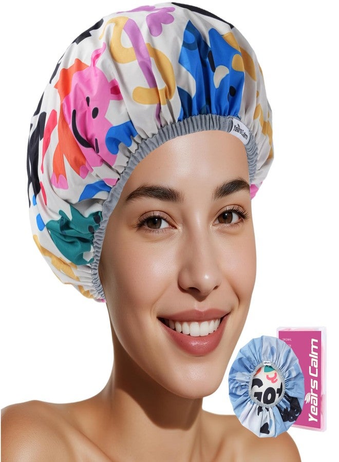 Years Calm Waterproof Shower Cap for Women - Double Sided Design for Long Thick Hair, Secure Fit & Flexible Elastic Band, Reusable Bath Cap for Shower, Spa, Travel (Mood Switch 2) - Image 1