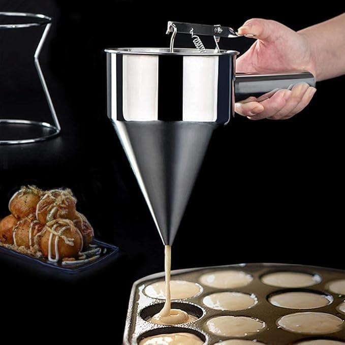 Shrux Shrux Pancake Batter Dispenser with Handle Rack Stainless Steel Batter Dispenser Funnel With 1200ml Capacity Ghevar Jalebi Muffin Cake and Waffle Batter Dispenser Machine With Stand  - Image 2