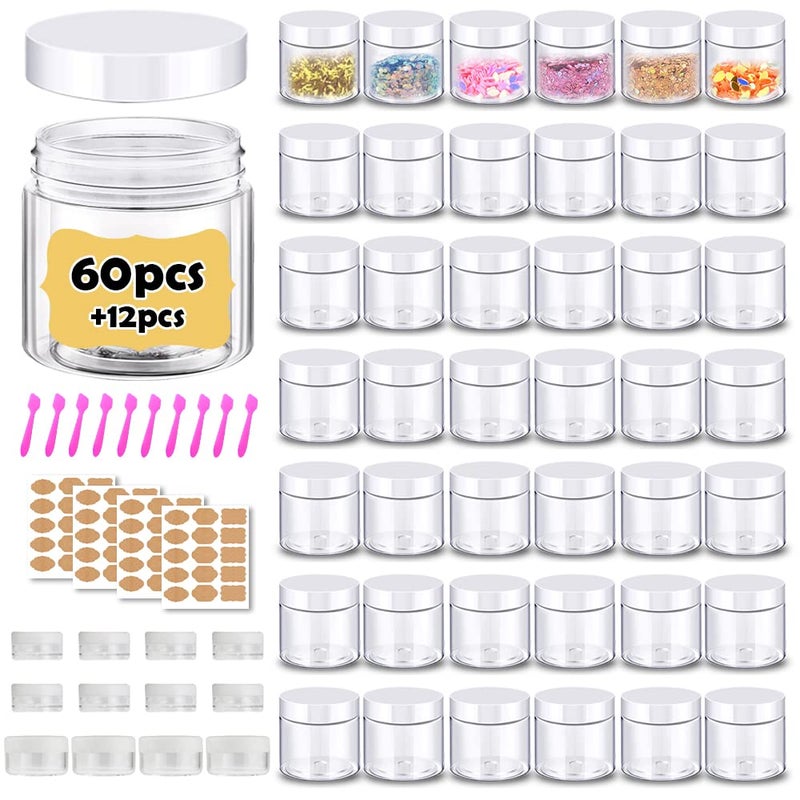 AMORIX 2 oz Plastic Containers with Lids 60pcs Plastic Jars with White Lids  3510 Gram 12pcs Sample Containers Travel Jar Great for Lip Scrub Body Butters Cream Lotion 72 Pack