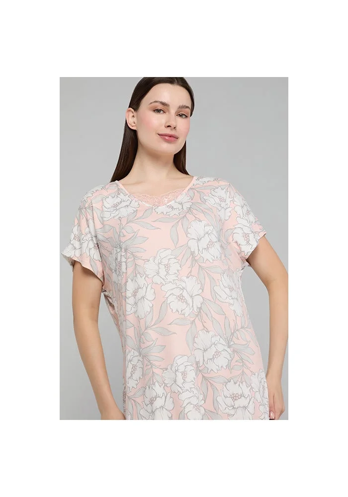 أر أند بي Floral Print Nightdress with V-Neck and Short Sleeves