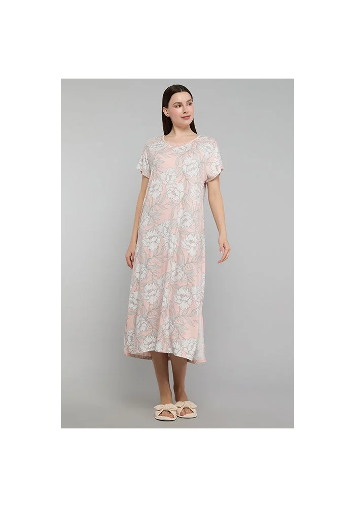 أر أند بي Floral Print Nightdress with V-Neck and Short Sleeves