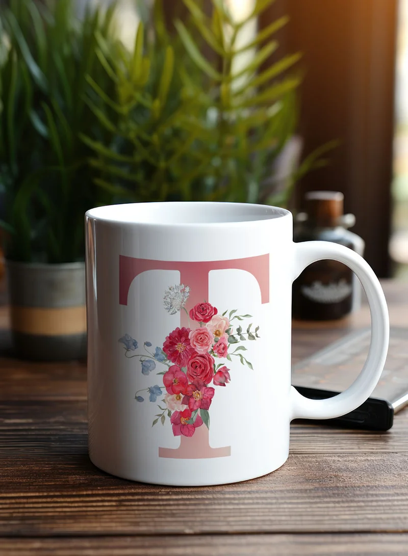 LOWHA 11 oz Ceramic Mug with Letter T Design on Both Sides