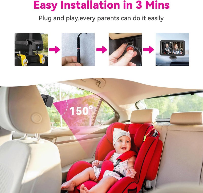 MHCABSR Baby Car Camera for 2 Kids 1080P 7 Inch Baby Car Monitor with Dual Rear Facing Camera and Night Vision 360 Rotatable Safety Car Seat Mirror Camera for Rear Facing Baby Seats - Image 5