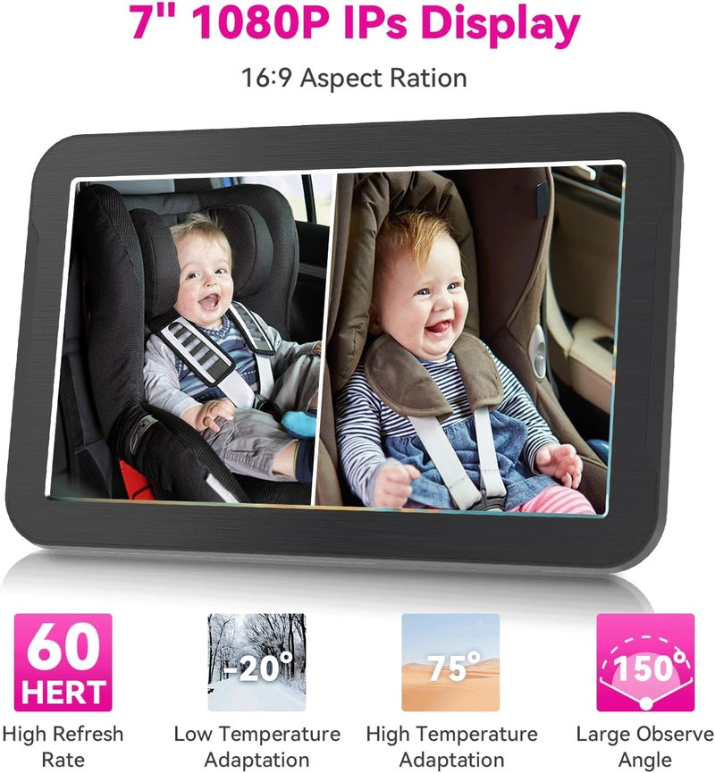 MHCABSR Baby Car Camera for 2 Kids 1080P 7 Inch Baby Car Monitor with Dual Rear Facing Camera and Night Vision 360 Rotatable Safety Car Seat Mirror Camera for Rear Facing Baby Seats - Image 4