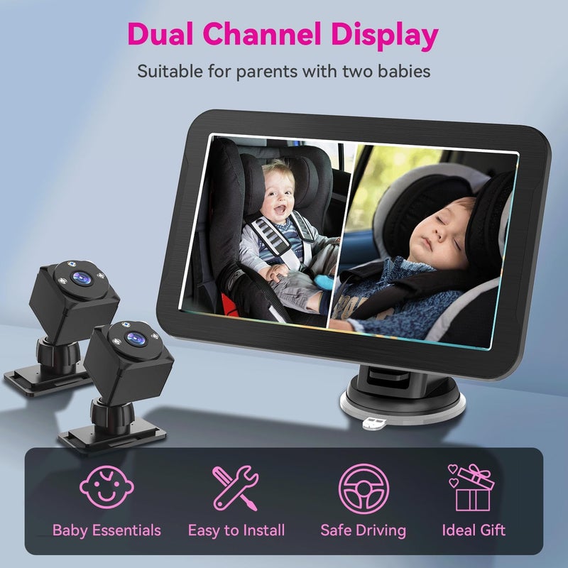 MHCABSR Baby Car Camera for 2 Kids 1080P 7 Inch Baby Car Monitor with Dual Rear Facing Camera and Night Vision 360 Rotatable Safety Car Seat Mirror Camera for Rear Facing Baby Seats - Image 2