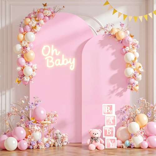 Suppromo Pink and Hot Pink Arch Cover 2 Set - 7.2FT and 6FT Arch Backdrop Cover Spandex Fitted Wedding Arch Stand Covers for Baby Shower Girls Birthday Party Photo Balloon Arch Covers Stretchy Backdrop - Image 3