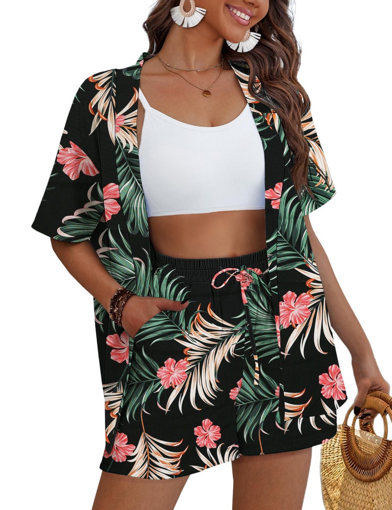 REDHOTYPE Women's Vacation Outfits Cover Ups Tropical Print Shorts Sets Hawaiian Summer Beachwear Red Flower L - Image 1