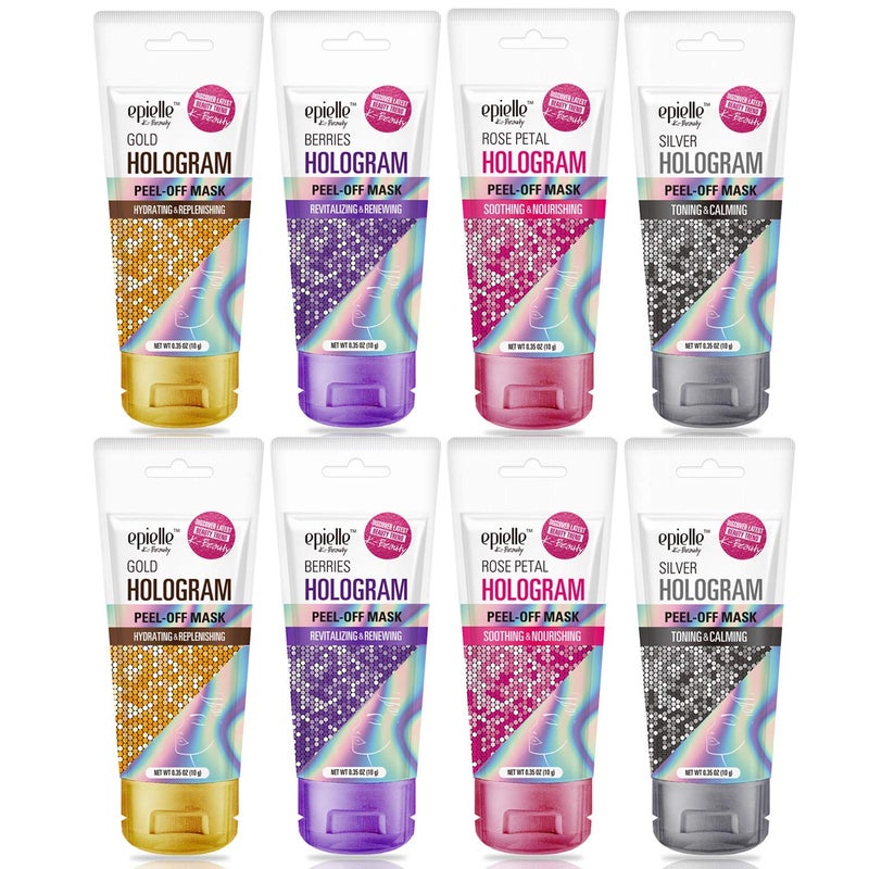 Epielle Hologram Glitter Peel Off Face Masks  Toning  Calming  4 Variety Pack SingleUse Testers  Gift Set Spa Gift  Korean Skincare