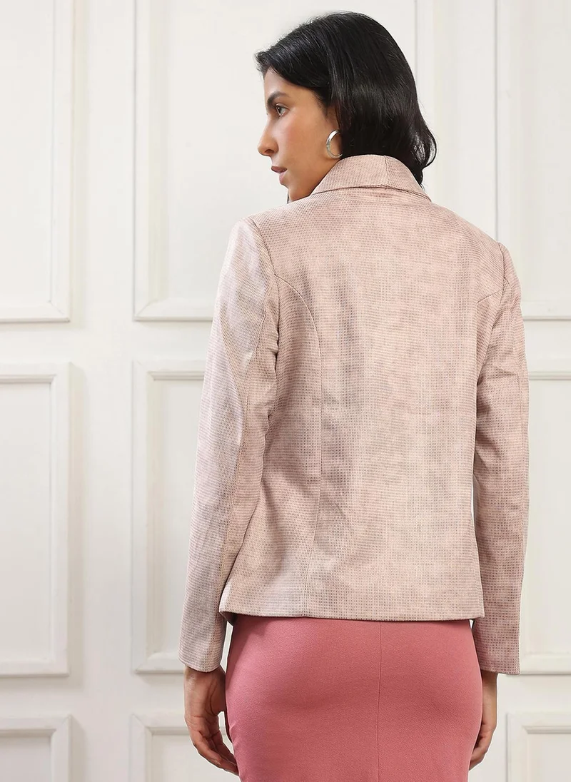 globus Globus Women Pink Shawl Collar Long Sleeves Self Design 2 Pockets Winterwear Overcoat