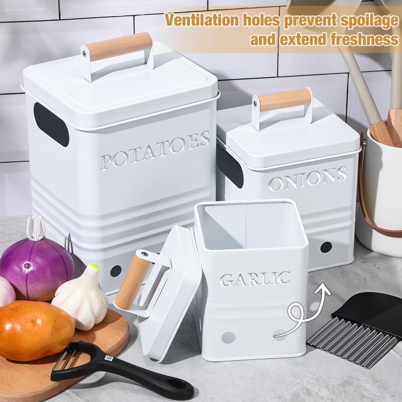 Widecook 3 Pcs Potato Onion Garlic Storage Bin Metal Vegetable Keeper Container with Lid Aerating Hole Farmhouse Style for Kitchen Counter Pantry Sweet-potato Carrot Fruit Keep Fresh Longer (White) - Image 4
