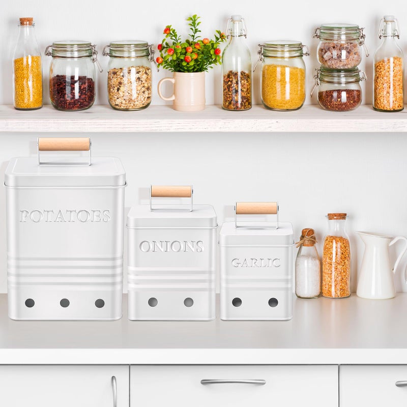 Widecook 3 Pcs Potato Onion Garlic Storage Bin Metal Vegetable Keeper Container with Lid Aerating Hole Farmhouse Style for Kitchen Counter Pantry Sweet-potato Carrot Fruit Keep Fresh Longer (White) - Image 5